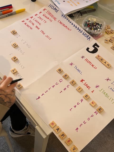 A values and goals poster made with letter tiles during a Cuckmere Training session